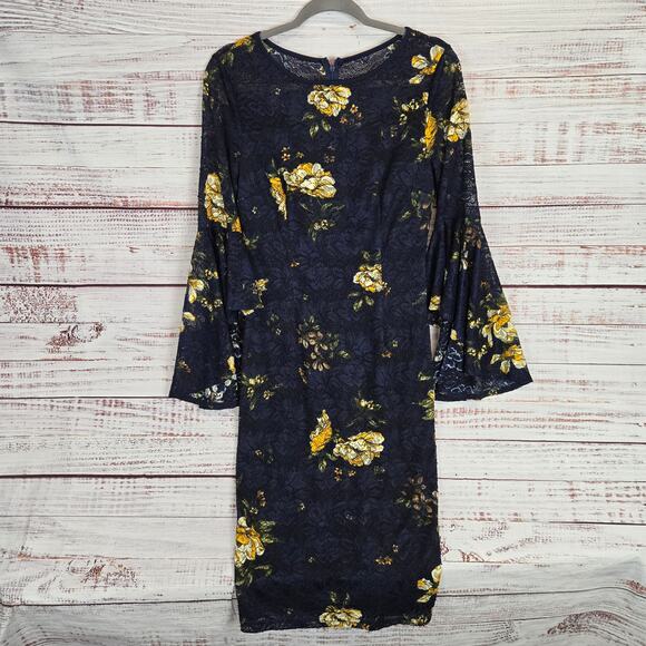Dark Blue Lace Dress Yellow Roses M Bell Sleeve Line Whimsigoth Fairy Witch NWT - Picture 2 of 16
